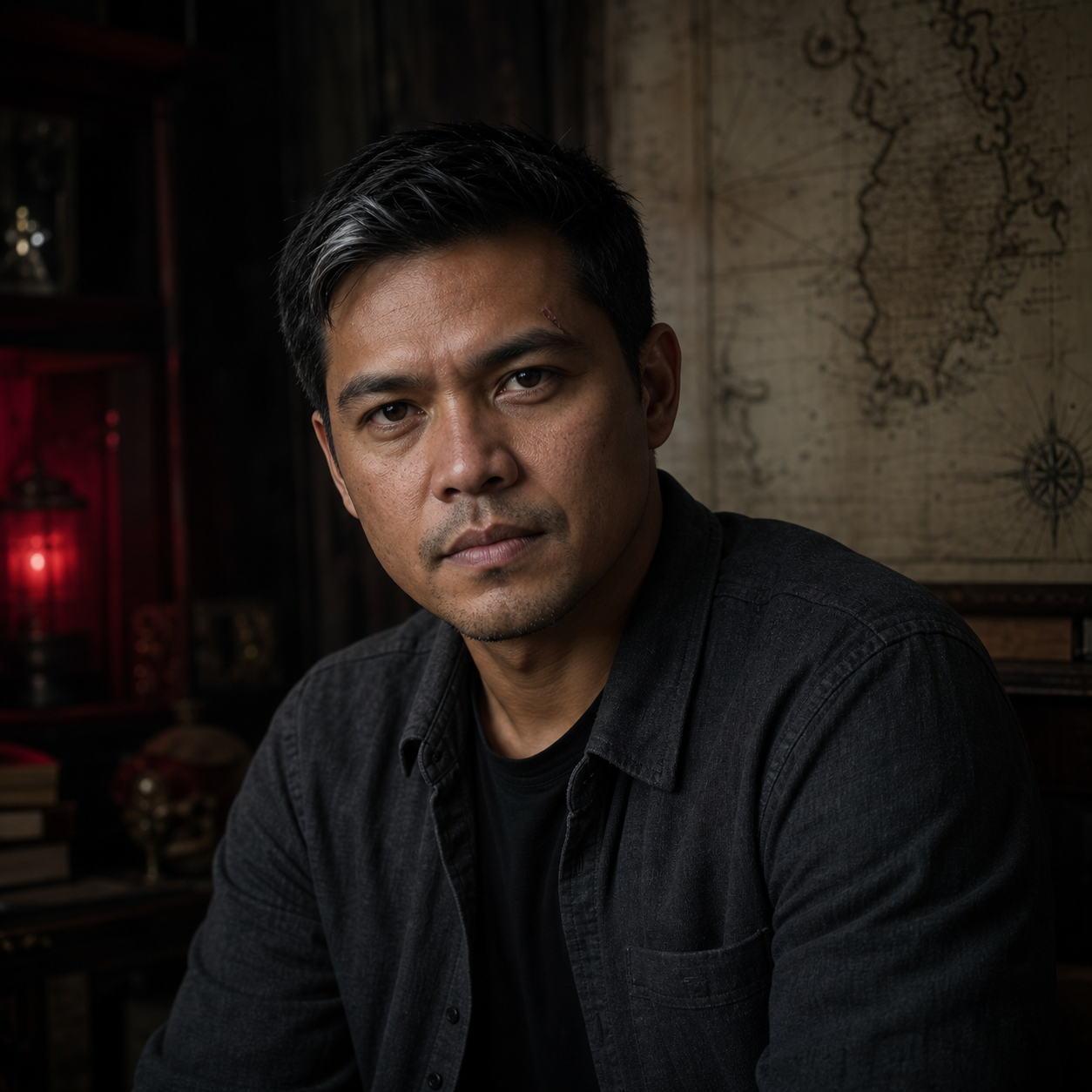 Fictional house author Arden Vale in a dark archive beside a nautical map.