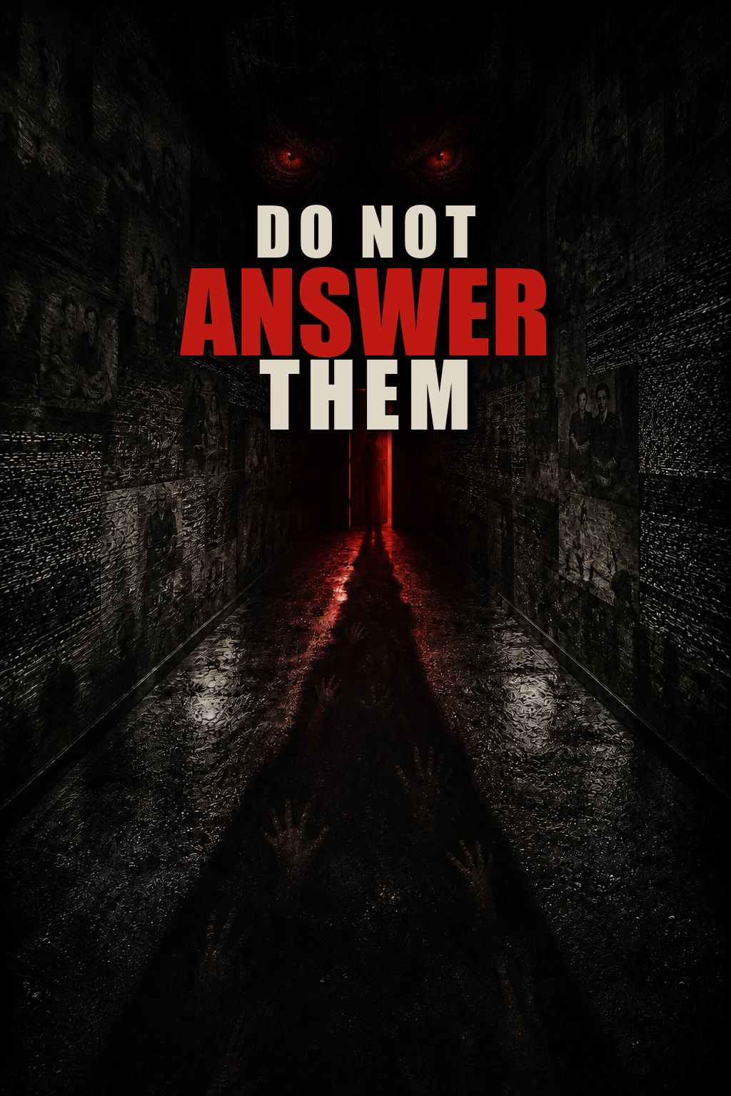 Do Not Answer Them cover: red eyes watch over a dark corridor lined with damaged family photographs.